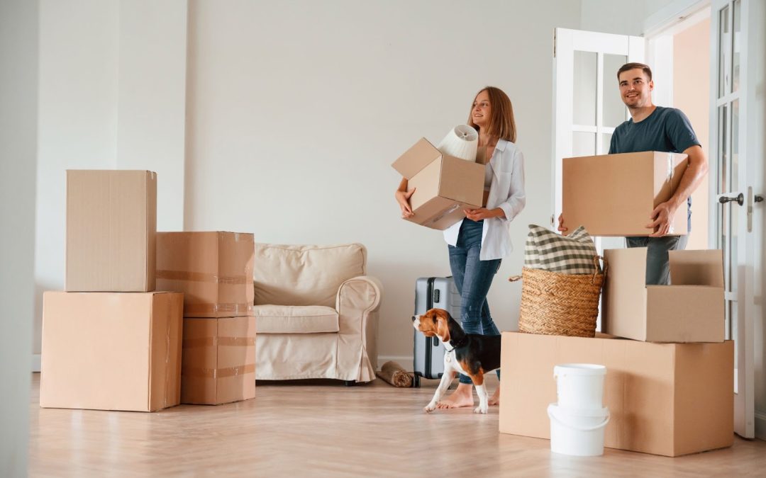 A couple moving into a new home with cardboard boxes, a beagle dog, and household items around a beige sofa.