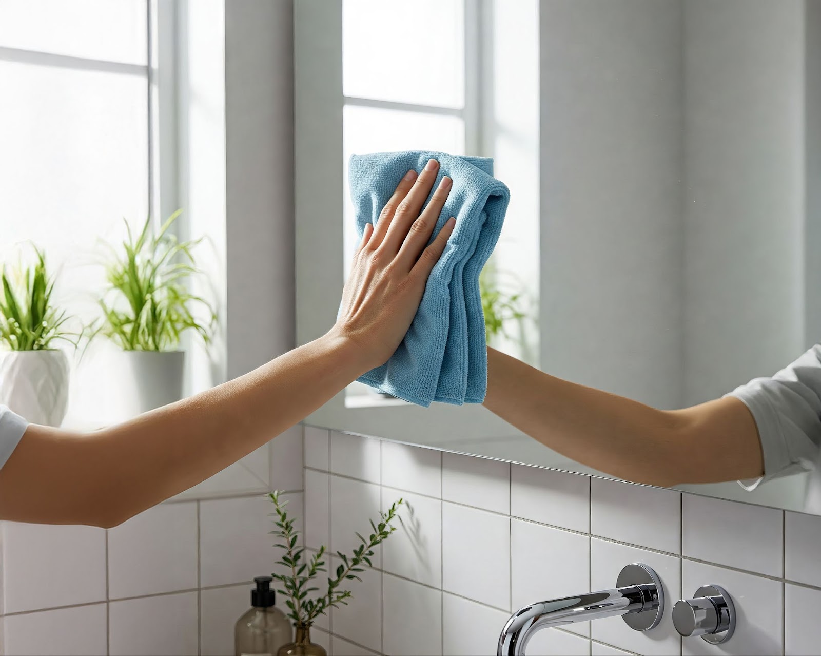 A person's hand wiping a bathroom mirror with a blue microfiber cloth above a white tiled sink.
