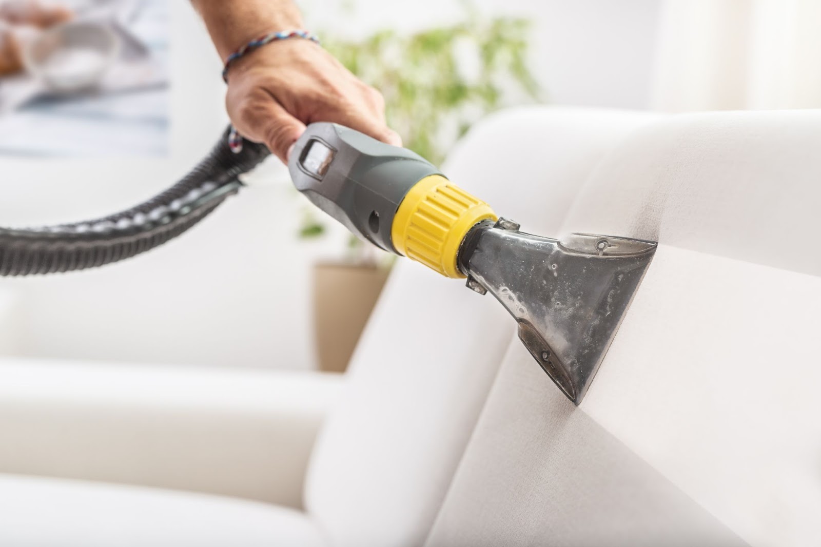 A person using a specialized vacuum attachment to deep clean a white fabric sofa.
