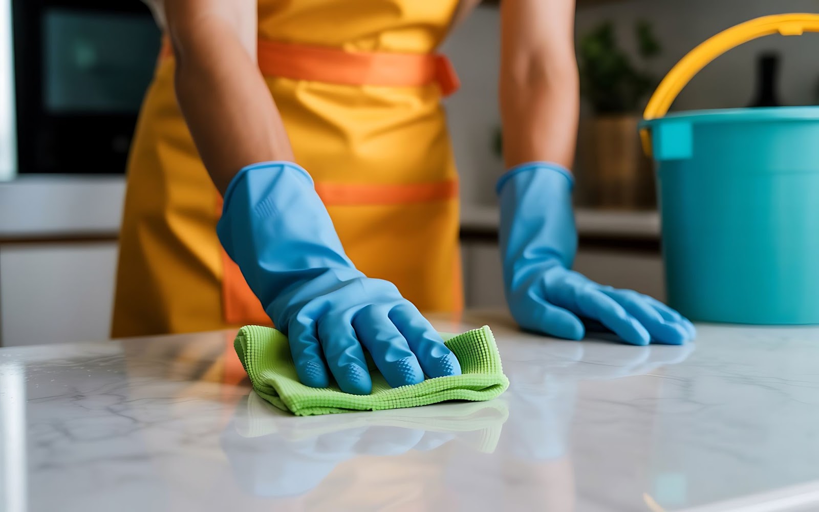 A person wearing blue rubber gloves and a yellow apron wiping down a marble countertop with a green microfiber cloth.