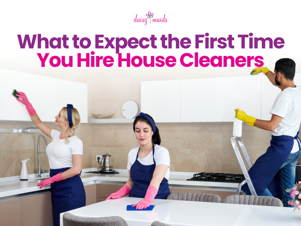 Professional cleaners sanitizing a modern kitchen with text reading What to Expect the First Time You Hire House Cleaners