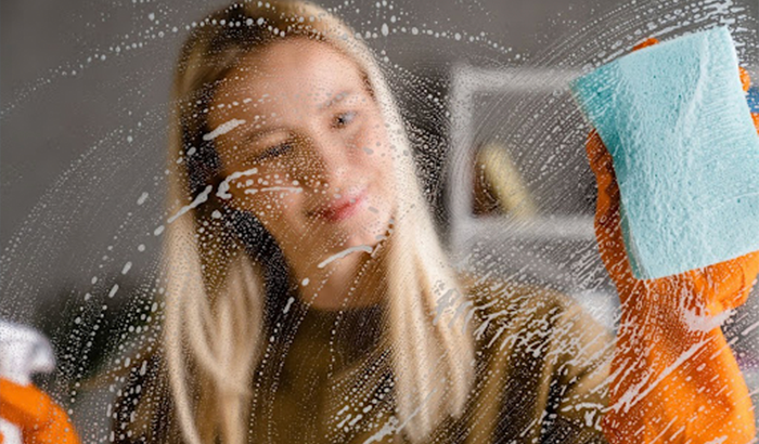 A woman meticulously cleaning a window with a sponge for a sparkling finish.