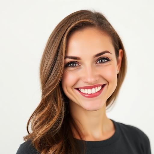 A woman with long hair smiles warmly, showcasing a friendly and inviting demeanor.