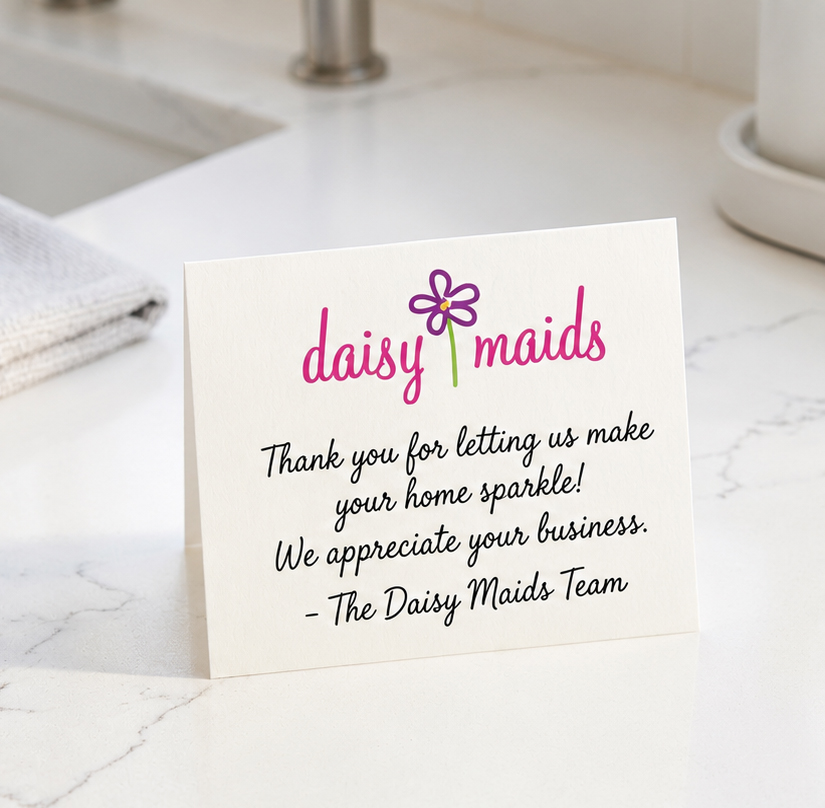 Thank you card from Daisy Maids featuring a floral design and a heartfelt message of appreciation.