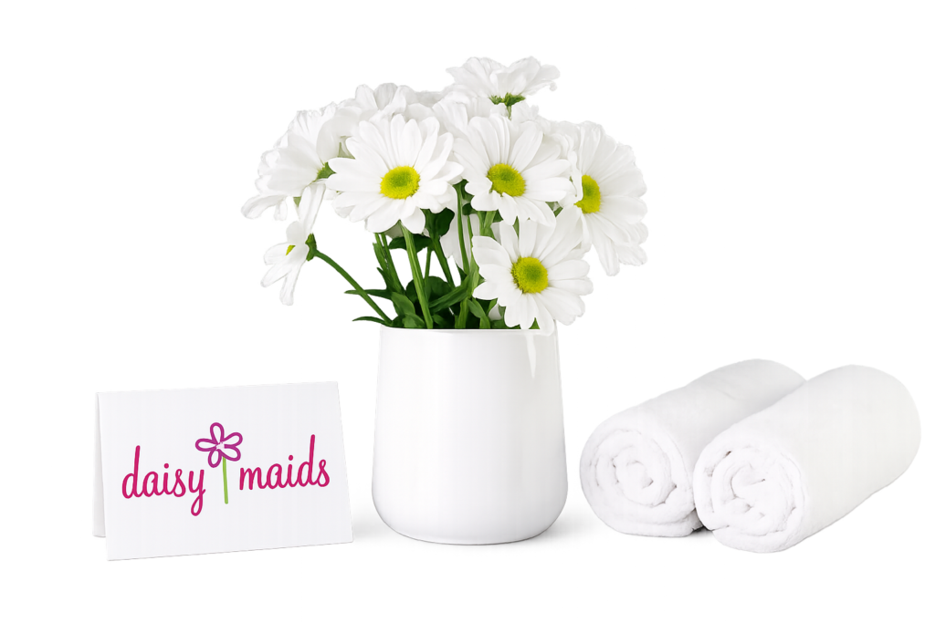 A beautifully arranged gift basket from Daisy Maids, featuring assorted flowers and decorative items.