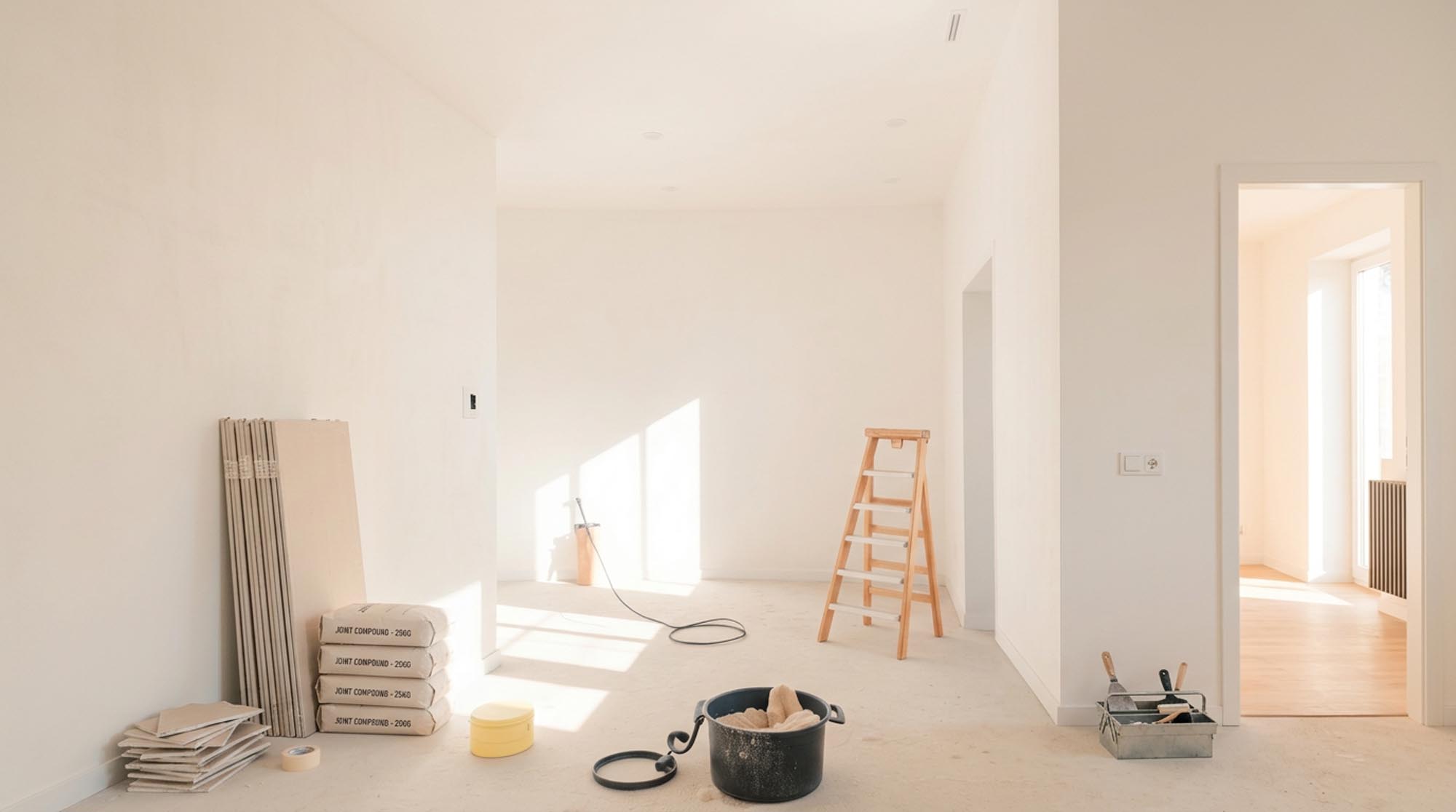 A room with white walls and a ladder positioned against one wall, suggesting preparation for painting or maintenance.