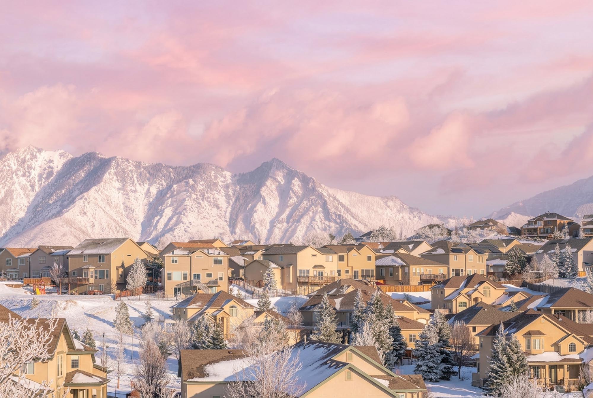 Snowy mountain range with houses nestled among snow-covered trees, creating a serene winter landscape.