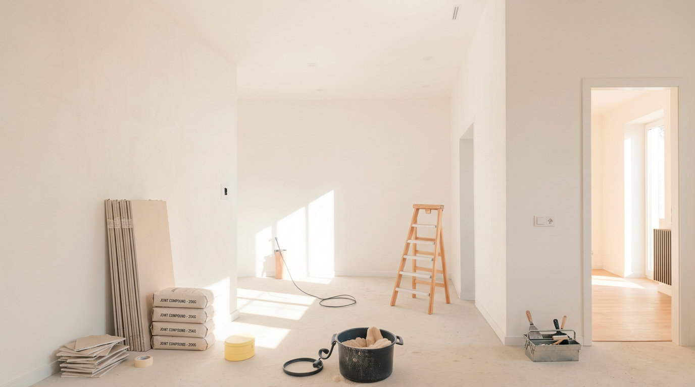 A room with white walls and a ladder positioned against one wall, suggesting preparation for painting or maintenance.