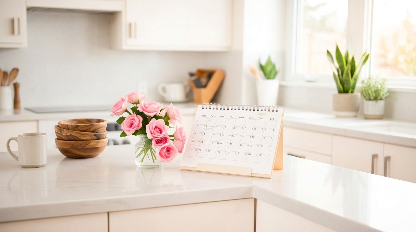 A kitchen counter featuring a calendar adorned with colorful flowers, adding a touch of elegance to the space.