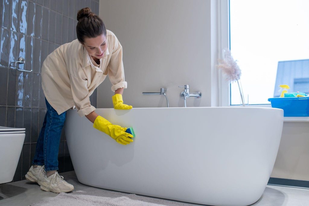 A woman wearing yellow gloves scrubs a bathtub focusing on cleaning the surface thoroughly